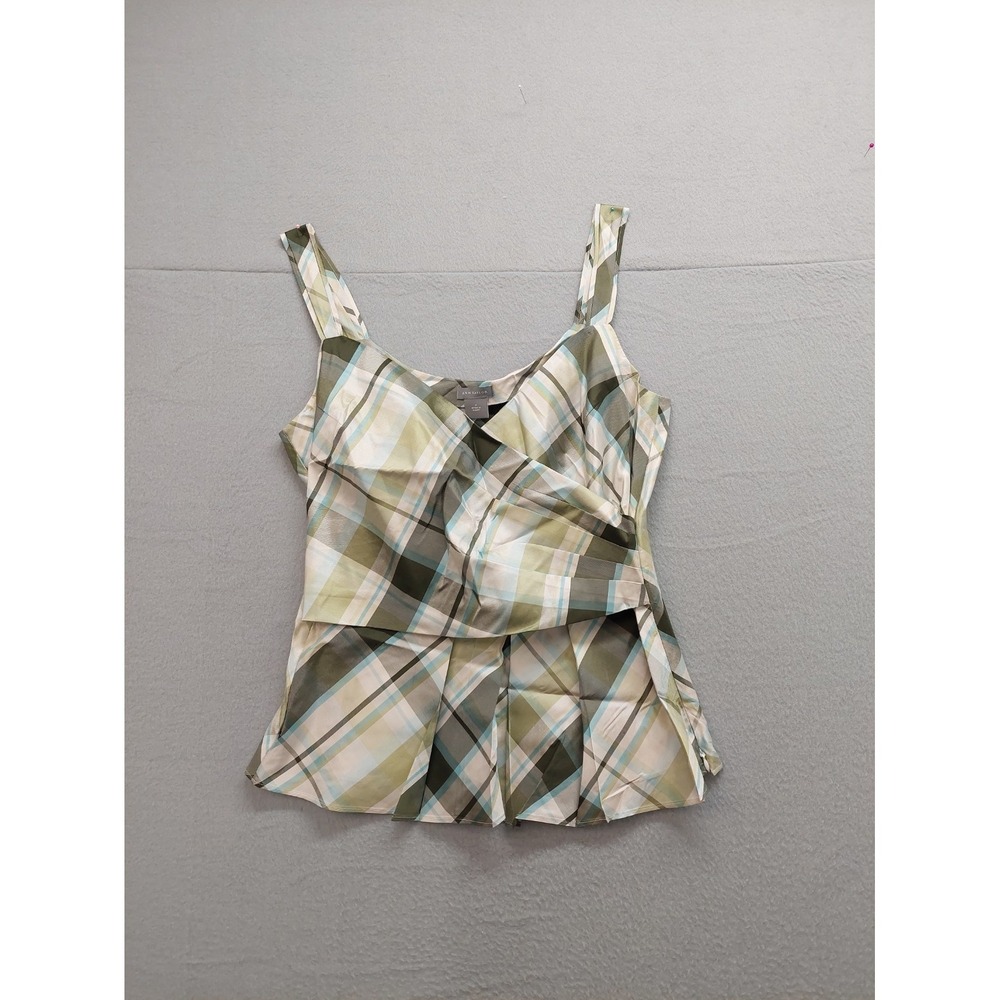 Ann Taylor Women Blouse Top 2 Beige Plaid Sleeveless V Neck Ruffle Racerback
